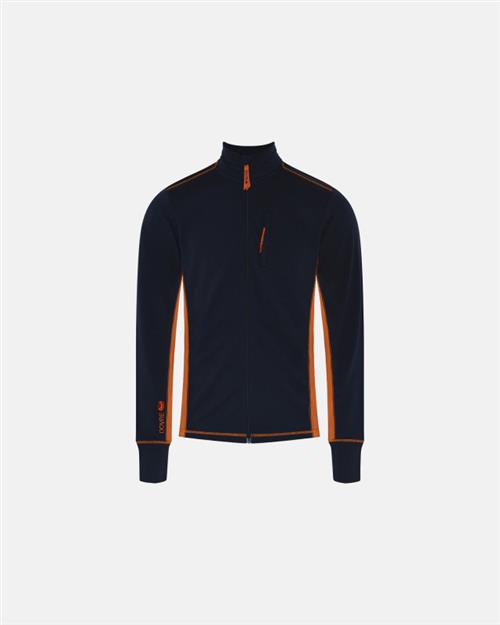 Langærmet t-shirt "full zip" | 100 merino uld | Navy/orange