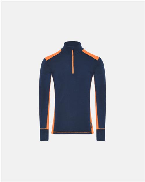 Langærmet t-shirt "half zip" | 100 merino uld | Navy/orange