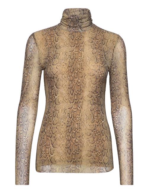 Se Ganni Printed Mesh Long Sleeve Fitted Rollneck Ganni Brown ved Booztlet