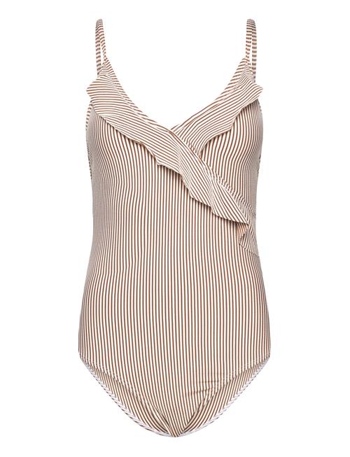 Becksöndergaard Striba Bly Frill Swimsuit Becksöndergaard Beige