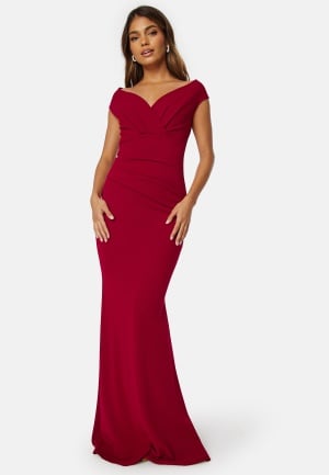 Goddiva Bardot Pleat Maxi Dress Wine-red L (UK14)