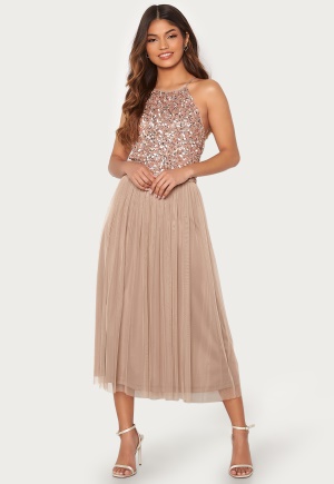 AngelEye High Neck Sequin Midi Dress Taupe M (UK12)