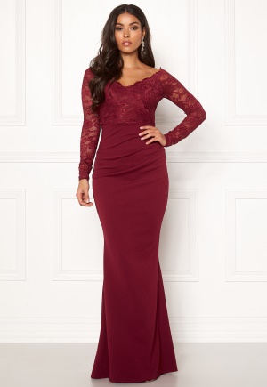 Se Goddiva Lace Trim Maxi Dress Wine XL (UK16) ved Bubbleroom