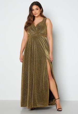 Se Goddiva Curve Glitter Wrap Front Maxi Curve Dress With Split Gold 44 (UK16) ved Bubbleroom