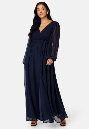 Goddiva Curve Long Sleeve Chiffon Maxi Curve Dress Navy 46 (UK18)