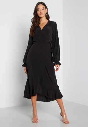 Se John Zack Long Sleeve Wrap Frill Dress Black S (UK10) ved Bubbleroom