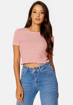 Se BUBBLEROOM Hallie striped rib top Coral / Striped XS ved Bubbleroom