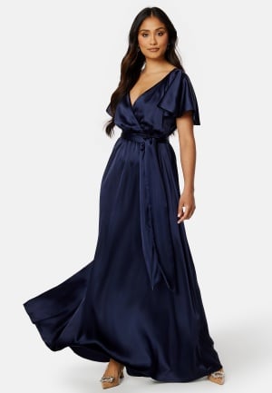 Goddiva Flutter Sleeve Satin Maxi Dress Navy S (UK10)