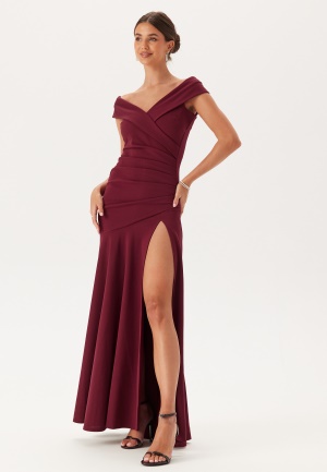 Goddiva Bardot Pleat Maxi Split Dress Wine-red S (UK10)