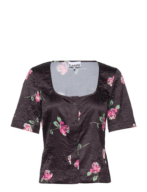 Crinkled Satin U-Neck Blouse Ganni Black