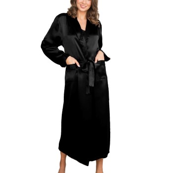 Lady Avenue Pure Silk Long Robe Sort silke Large Dame