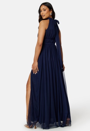 Goddiva Tie Neck Maxi Dress With Split Navy XS (UK8)