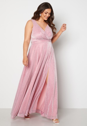 Goddiva Curve Glitter Wrap Front Maxi Curve Dress With Split Pink 48 (UK20)