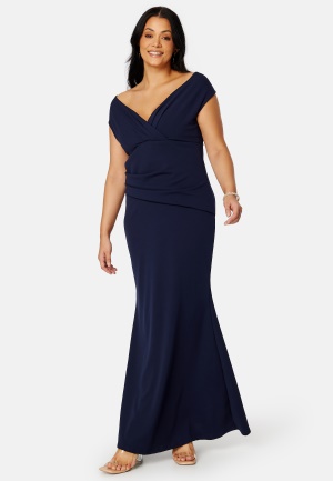 Goddiva Curve Bardot Pleat Maxi Dress Navy 46 (UK18)