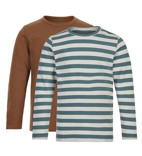 Se Minymo Bluse - 2-pak - Hvid/GrÃ¸nstribet/Toffee ved KidsWorld