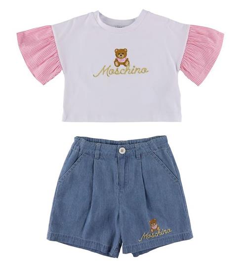 Moschino Moschino T-Shirt/Denimshorts - Hvid/BlÃ¥ m. Logo/Guld