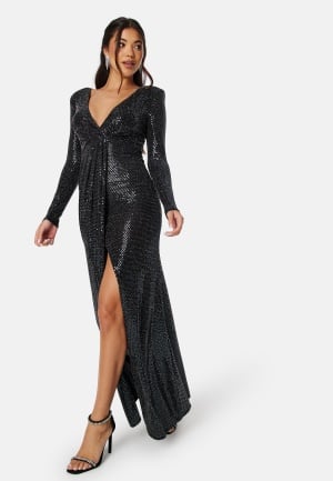 Goddiva Long Sleeve Sequin Maxi Dress With Split Black L (UK14)