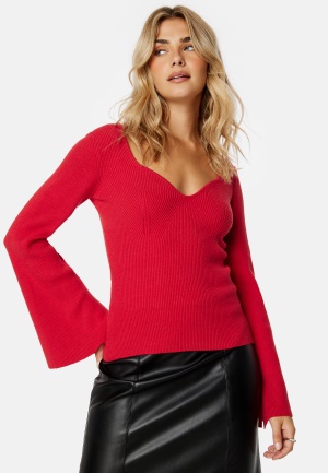 Se BUBBLEROOM Knitted L/S Slit Top Red XS ved Bubbleroom