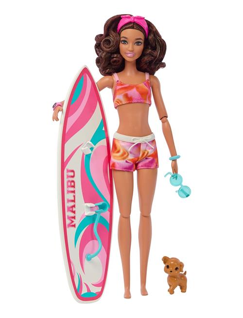 Doll With Surfboard And Puppy, Poseable Brunette Beach Doll Barbie Patterned