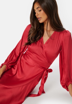 Bubbleroom Occasion Wrap Frill L/S Satin Dress Red 2XL