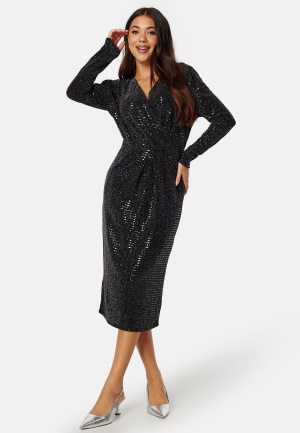 Se VILA Feste L/S Midi Dress Black AOP: Silver XS ved Bubbleroom