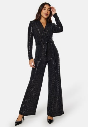 John Zack Sequin Wide Leg Jumpsuit Black L (UK14)