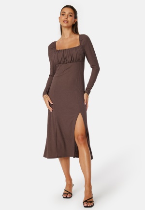 Se BUBBLEROOM Neija Square Neck Midi Dress  Brown S ved Bubbleroom