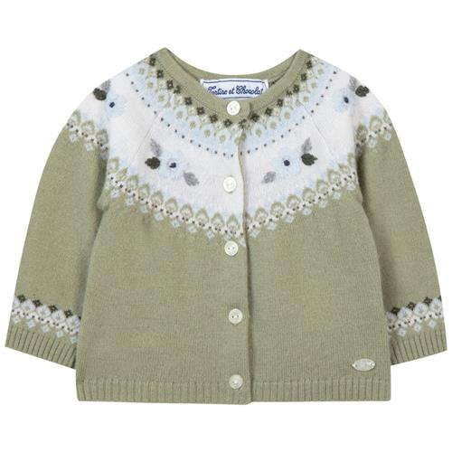 Se Tartine et Chocolat Cardigan Med Strikkede Blomster Grøn | Grønn | 6 months ved Babyshop