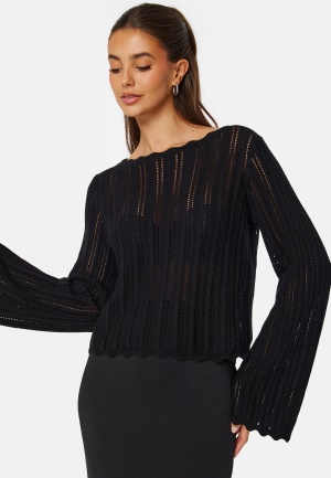 Se BUBBLEROOM Boat Neck Structure Knitted Sweater Black M ved Bubbleroom