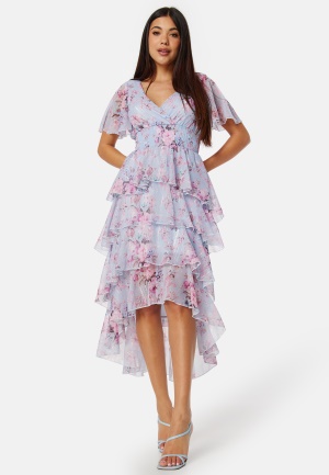 Goddiva Floral Flutter Tiered High Low Dress Blue XL (UK16)