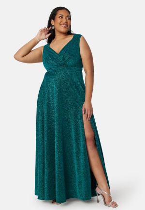 Se Goddiva Curve Glitter Wrap Front Maxi Curve Dress With Split Green 44 (UK16) ved Bubbleroom