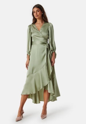 Bubbleroom Occasion Wrap Frill L/S Satin Dress Olive green XS