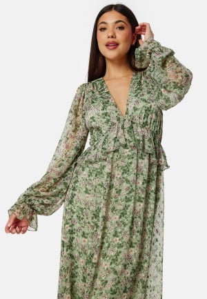 Bubbleroom Occasion Frill L/S Chiffon Midi Dress Green/Floral 2XL