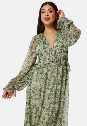 Bubbleroom Occasion Frill L/S Chiffon Midi Dress Green/Floral L