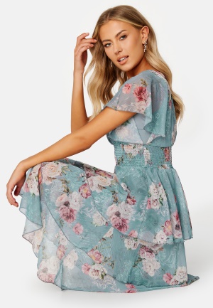 Se Goddiva Floral Flutter Tiered Midi Dress Air Force Blue S (UK10) ved Bubbleroom