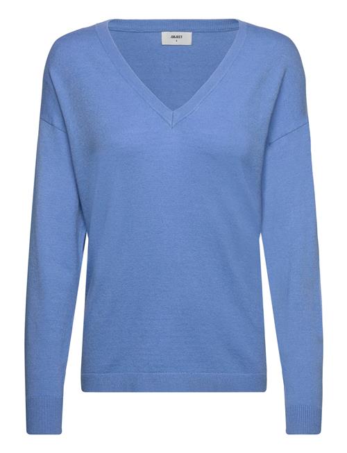 Se Object Objthess L/S V-Neck Knit Pullover Noos Object Blue ved Booztlet