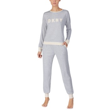 Se DKNY New Signature Long Sleeve Top and Jogger PJ Grå Medium Dame ved Timarco