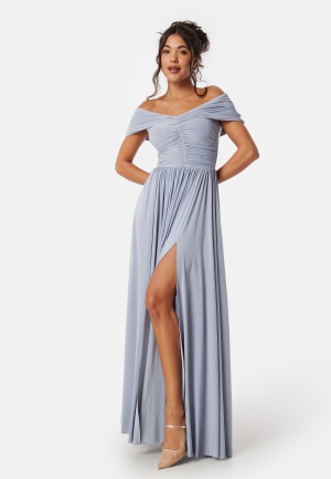 Goddiva Bardot Rouched Maxi Split Dress Light blue XL (UK16)