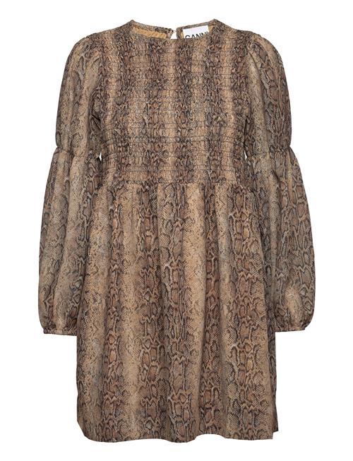 Ganni Printed Light Crepe Smock Mini Dress Ganni Brown