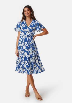 VILA Lovie S/S Wrap Midi Dress Blue/Patterned 36