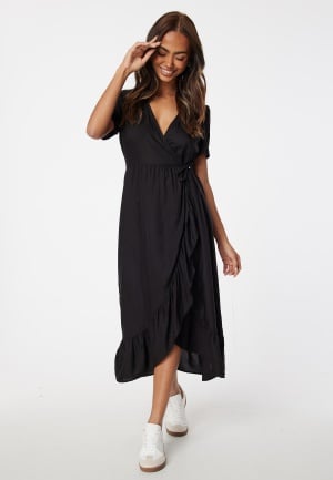 Happy Holly Evie Puff Sleeve Midi Wrap Dress Black 32/34