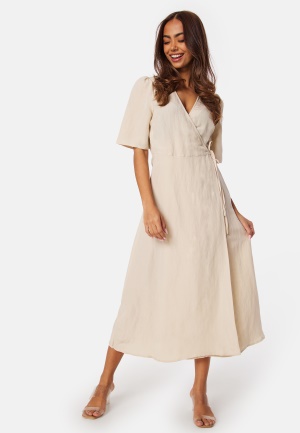 Se BUBBLEROOM Linen Blend Wrap Dress Light beige XS ved Bubbleroom