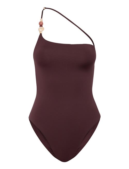 Asymmetrical Swimming Costume With Beads Mango Brown