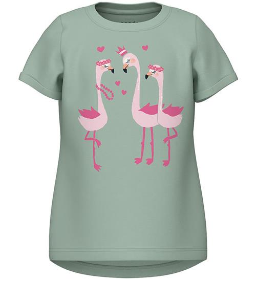 Name It Name It T-shirt - NmfVix - Silt Green m. Flamingoer