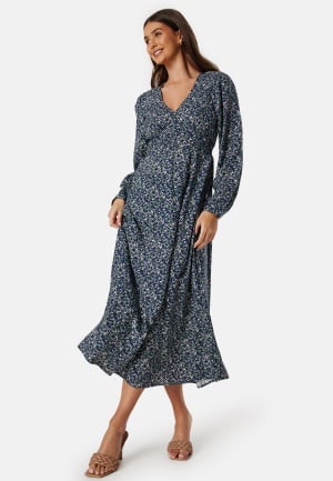 BUBBLEROOM Viscose V-neck Maxi Dress Dark blue/Patterned 46