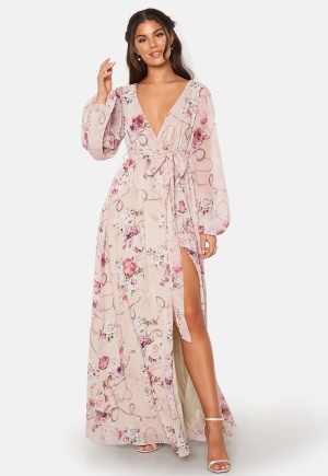 Se Goddiva Floral Long Sleeve Chiffon Maxi Dress Latte XS (UK8) ved Bubbleroom