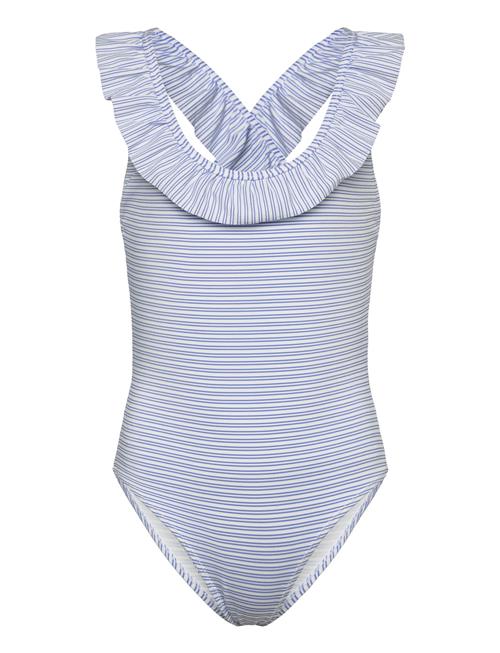 Mango Ruffle Striped Swimsuit Mango Blue