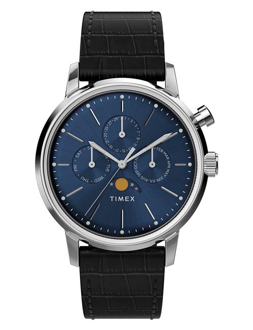 Timex Marlin Quartz Moon Phase 40Mm Sst Case Blue Dial Black Leather Strap Timex Black