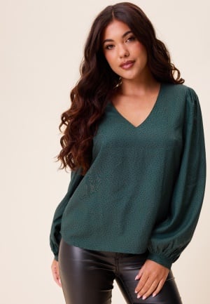 Happy Holly V-neck Puff Sleeve Viscose Blouse Dusty green/Patterned 32/34