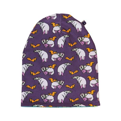 Småfolk Reversible beanie with badger, fox and Fall leaves  Loganberry | Lilla | 50/52 cm